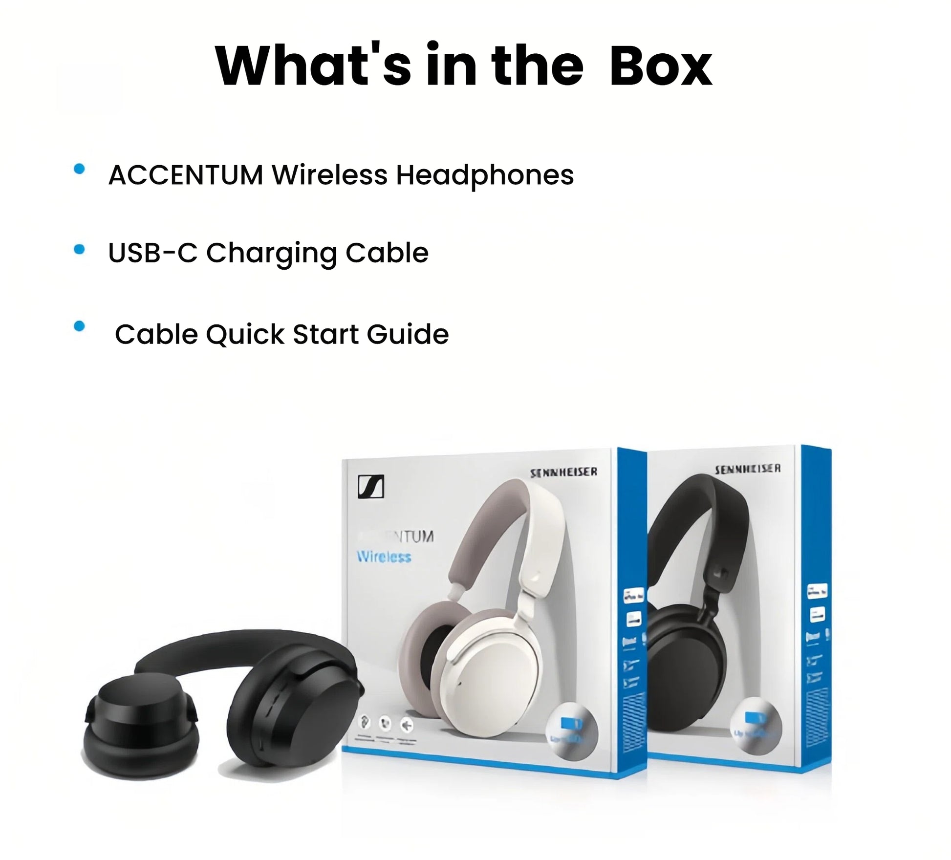 What's in the box for the Sennheiser ACCENTUM Wireless headphones: the headphones, a USB-C charging cable, and the product packaging for both black and white versions.