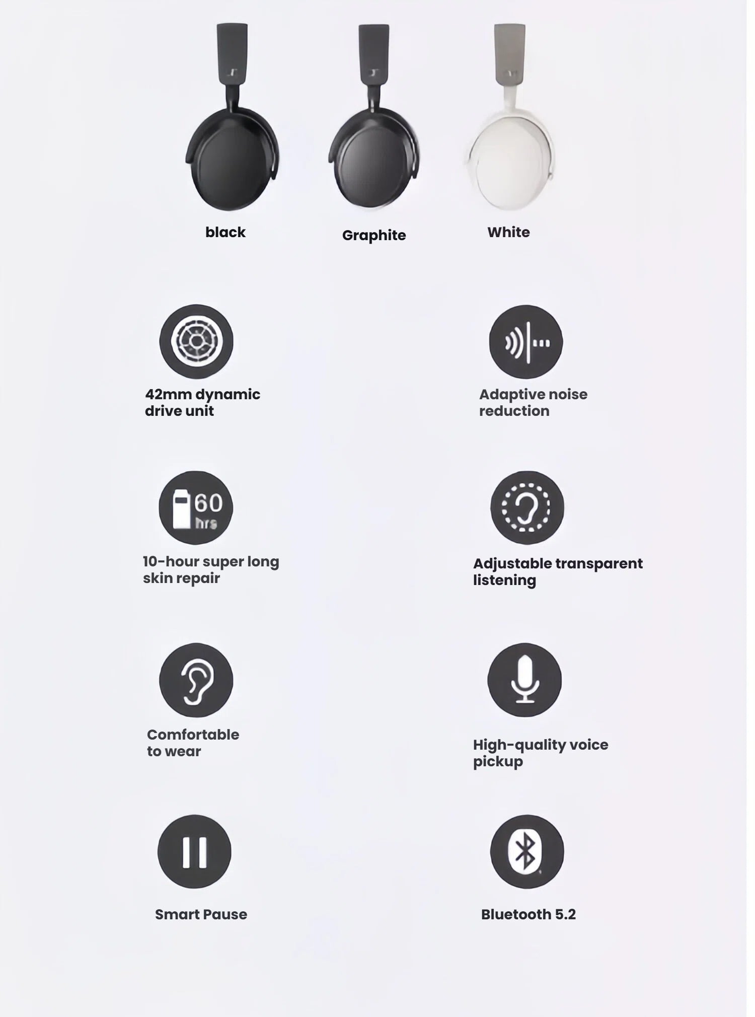 An overview of the Sennheiser Momentum 4 Wireless headphones' key features, including the 42mm dynamic driver, 60-hour battery, and adaptive noise reduction, shown with the Black, Graphite, and White color options
