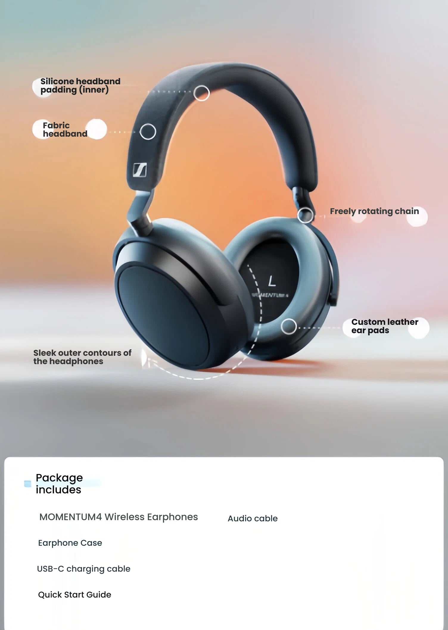 A diagram highlighting the premium comfort and design of the Sennheiser Momentum 4 headphones, showing the fabric headband and custom leather ear pads, with a list of included package contents