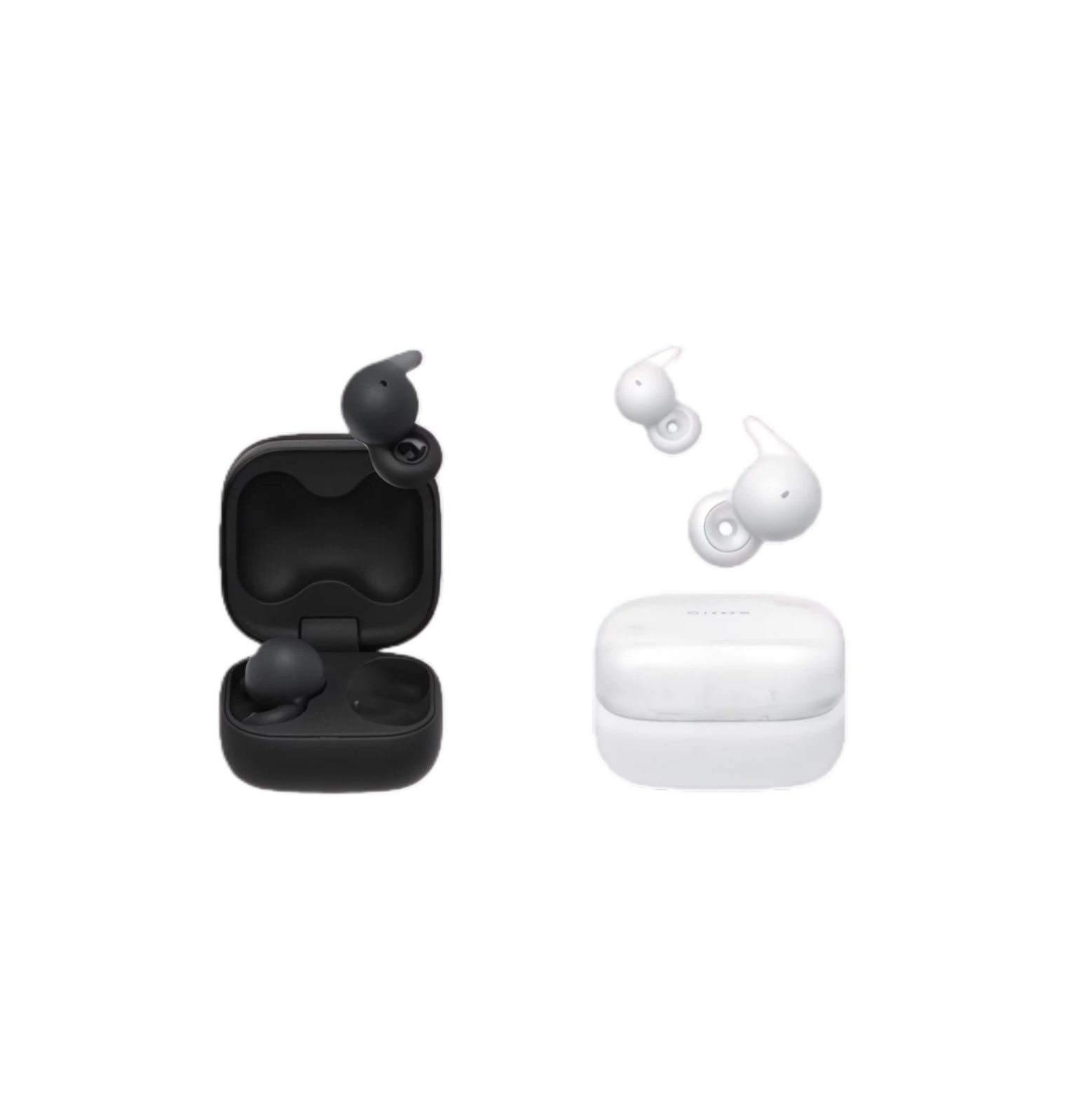 The Sony LinkBuds Open true wireless earbuds shown in both available colors, Black and White, with their respective compact charging cases.