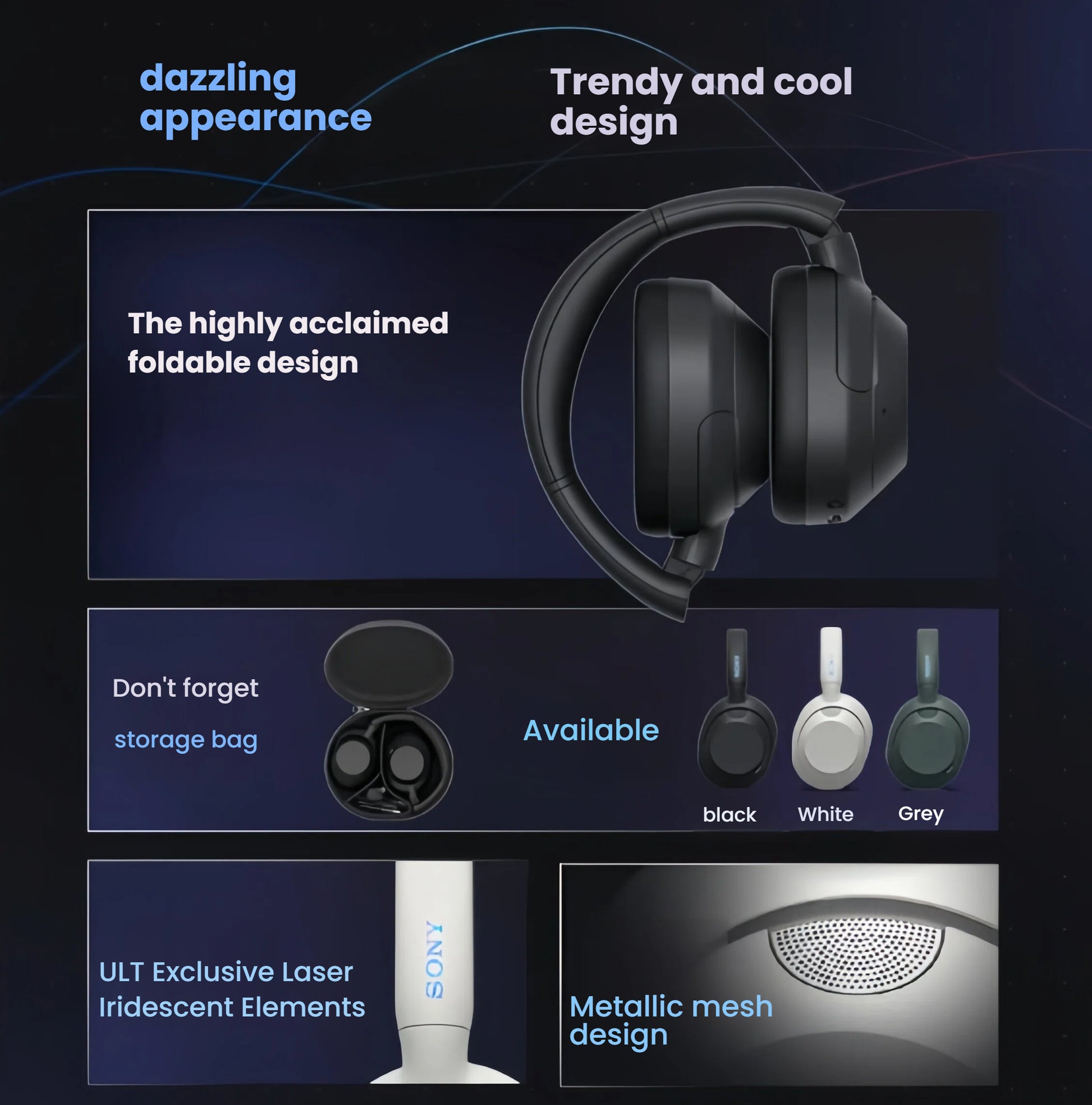 An overview of the Sony ULT WEAR headphones' trendy design, highlighting the foldable structure, included storage bag, available colors (Black, White, Grey), and premium details like the iridescent logo.