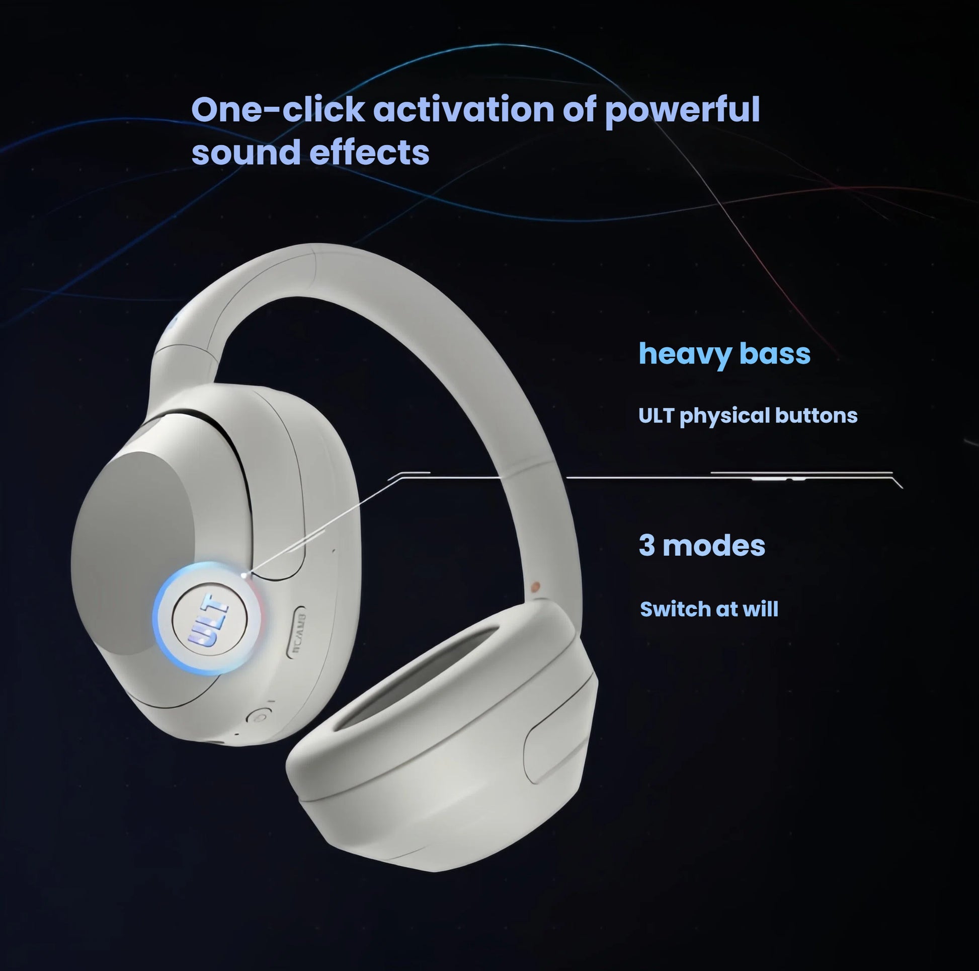 The white Sony ULT WEAR headphones showing the one-click ULT physical button used to activate heavy bass and switch between 3 powerful sound effect modes