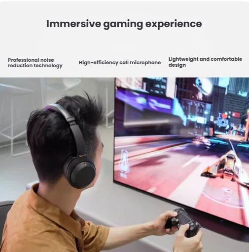 A man wearing the Sony WH-1000XM4 headphones for an immersive gaming experience, highlighting the professional noise reduction, clear call microphone, and lightweight design