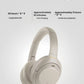 The silver Sony WH-1000XM4 headphones illustrating their long battery life of up to 30 hours and fast charging feature, which provides 5 hours of playback from just a 10-minute charge.