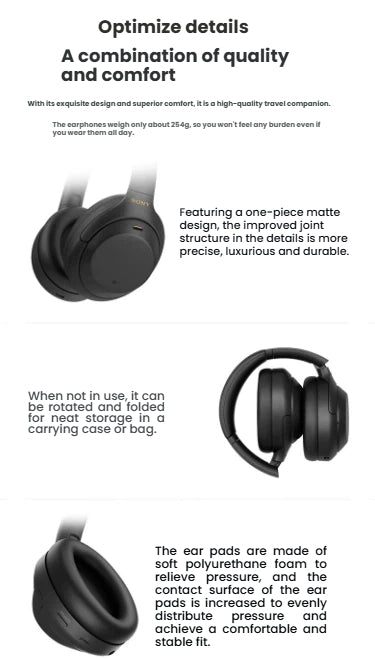 Details of the Sony WH-1000XM4's premium quality and comfort, showing the lightweight 254g design, foldable structure for storage, and soft polyurethane foam earpads for a stable fit.