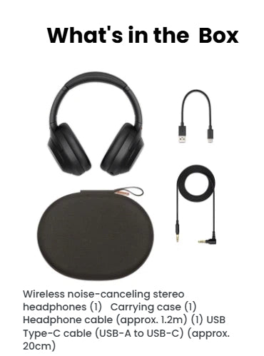 Everything included in the Sony WH-1000XM4 box: the wireless noise-cancelling headphones, a protective carrying case, a 1.2m headphone cable, and a USB-C charging cable.