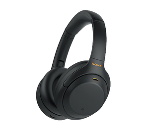 A high-quality product image of the Sony WH-1000XM4 wireless noise-cancelling over-ear headphones in the black finish, showcasing its sleek design and premium build.
