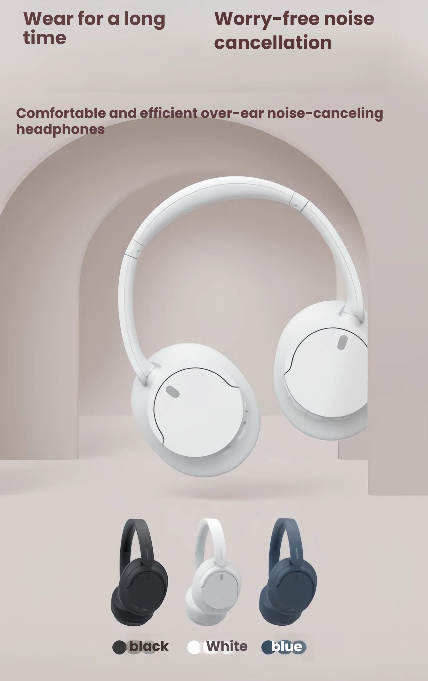 The comfortable and efficient Sony WH-CH720N over-ear noise-cancelling headphones shown in all three available colors: Black, White, and Blue.