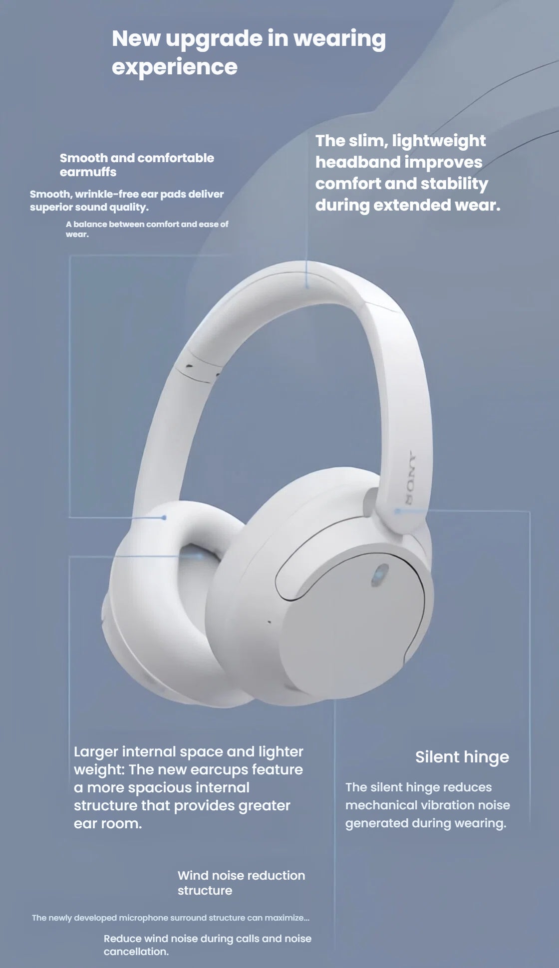 An infographic detailing the new upgraded wearing experience of the Sony WH-CH720N, showing the comfortable earmuffs, lightweight headband, silent hinge, and wind noise reduction structure.