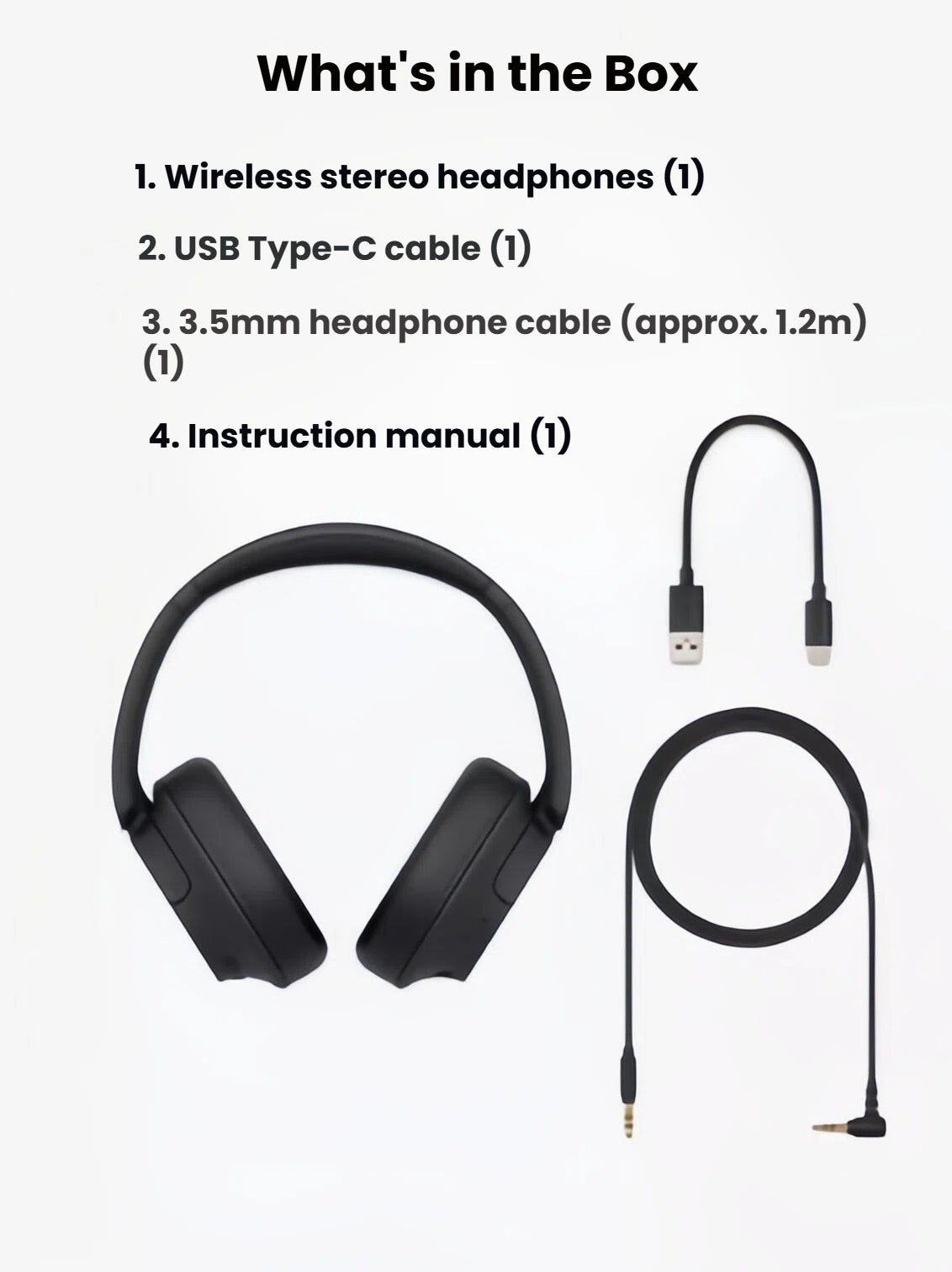All the accessories included with the Sony WH-CH720N headphones: the wireless headphones, a USB Type-C charging cable, and a 3.5mm headphone audio cable