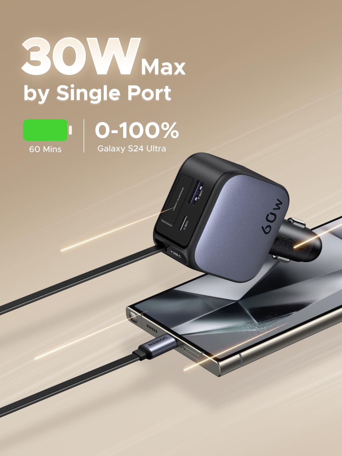 UGREEN Nexode 55212 60W Retractable Car Charger product view 3