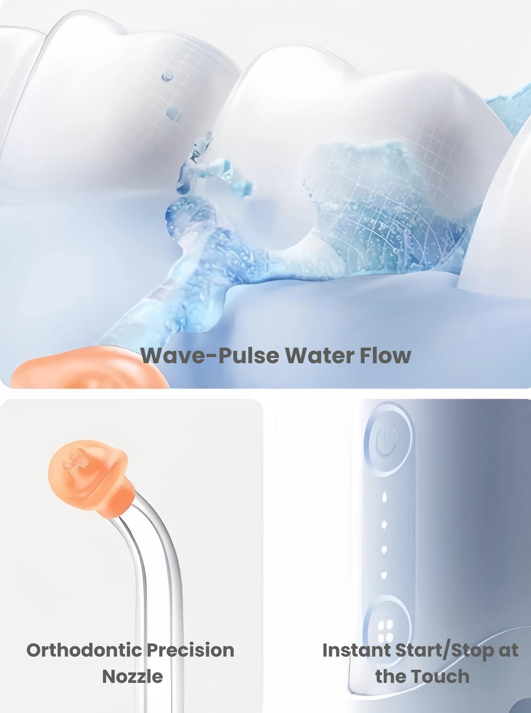  A collage of the usmile C10's features, including the powerful Wave-Pulse Water Flow between teeth, a close-up of the specialized Orthodontic Precision Nozzle, and the easy one-touch start/stop button.