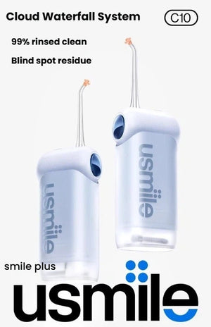 Two sleek usmile C10 portable water flossers branded with the "Cloud Waterfall System," which promises a 99% rinsed clean and removal of blind spot residue.