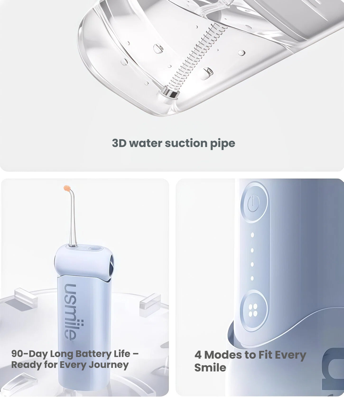 An overview of the usmile C10's main features, highlighting the 3D water suction pipe, the impressive 90-day battery life making it ready for travel, and the four customizable modes to fit every smile.