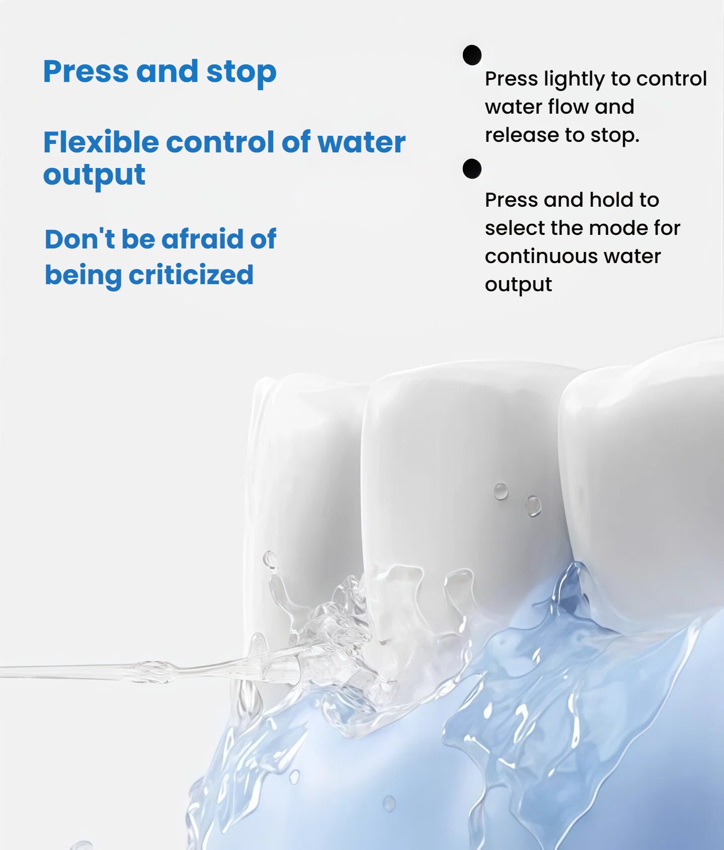 A graphic explaining the user-friendly controls of the usmile C10 water flosser, detailing how to press lightly for controlled water flow and press-and-hold to select a mode for continuous output.