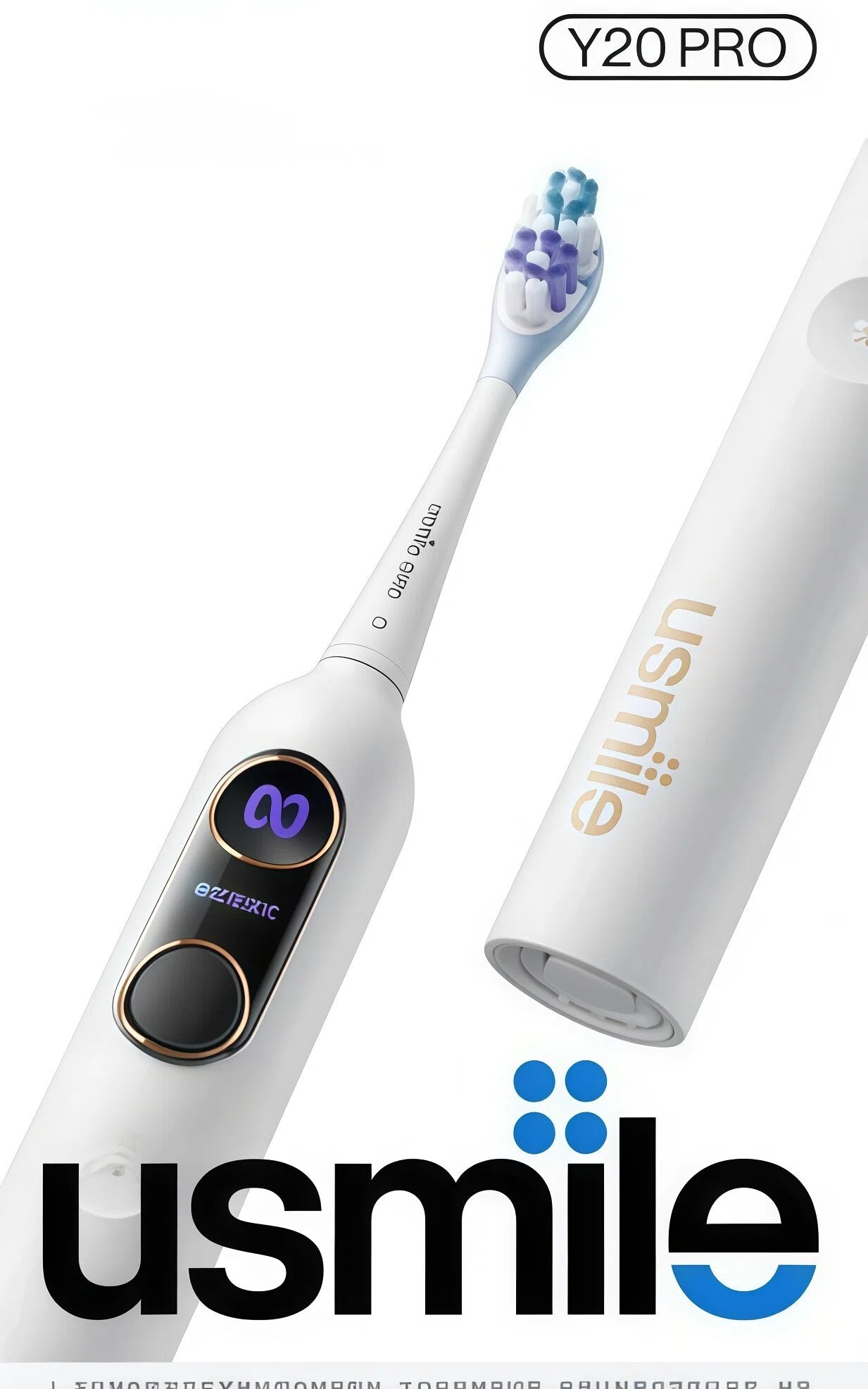 A detailed close-up of the white usmile Y20 PRO electric toothbrush, highlighting its sleek design, smart digital display screen, and the usmile brand logo.