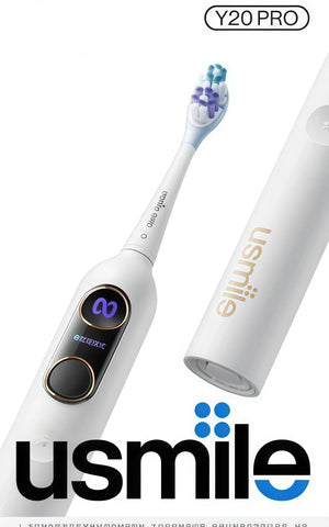 A detailed close-up of the white usmile Y20 PRO electric toothbrush, highlighting its sleek design, smart digital display screen, and the usmile brand logo.