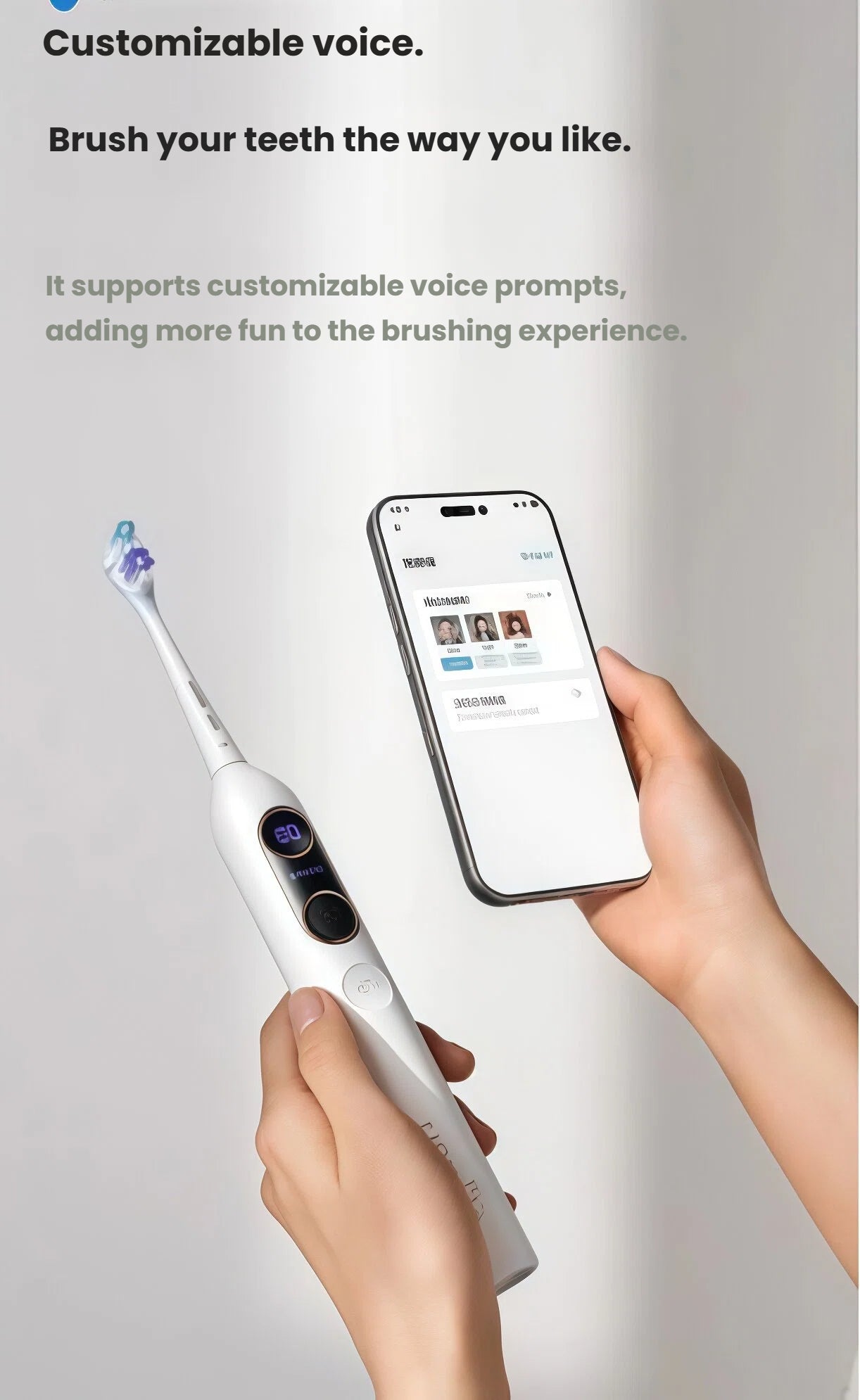 A user holding the usmile Y20 PRO toothbrush while using the companion smartphone app to set up personalized and customizable voice prompts for guided brushing.