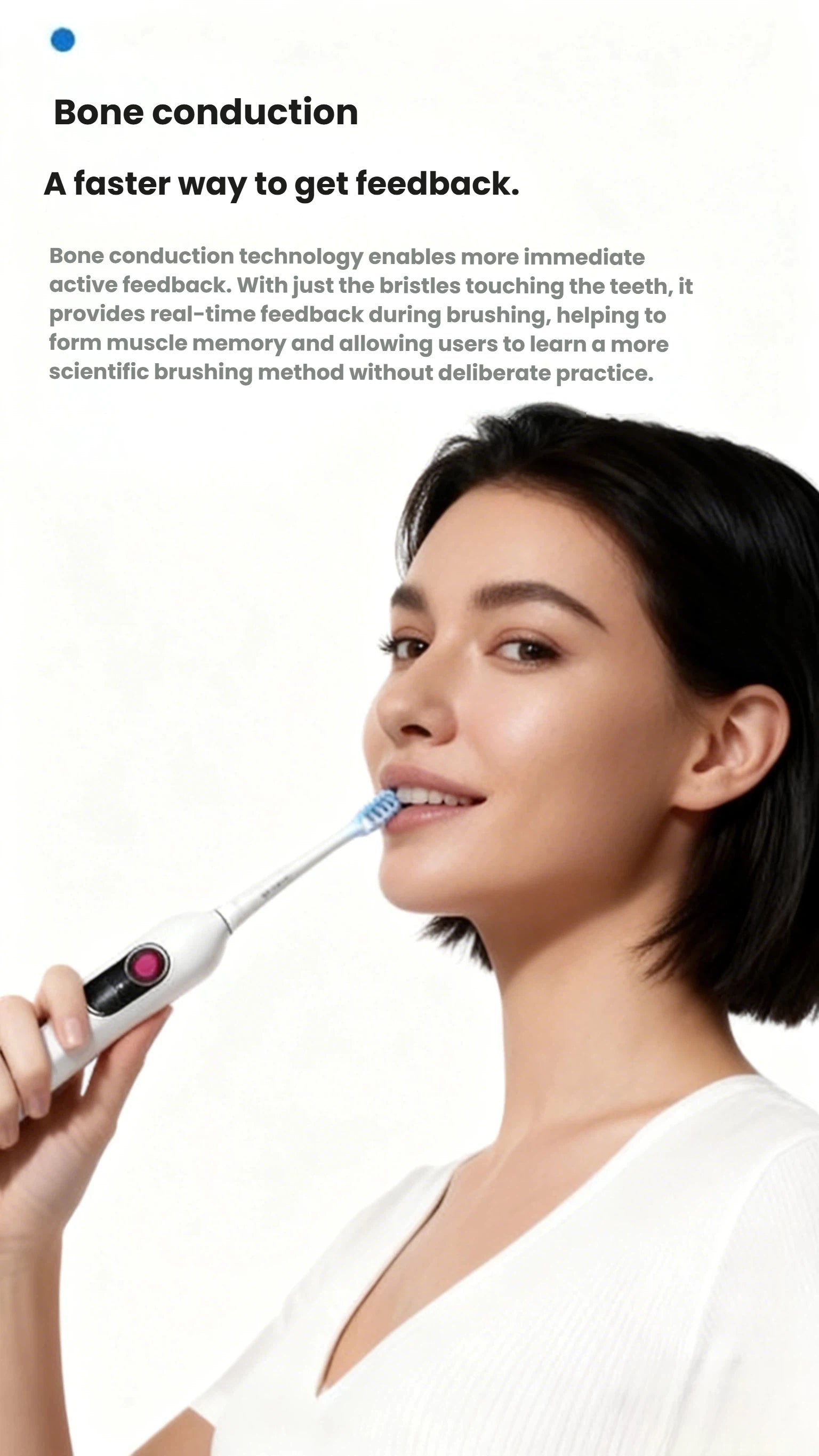 A woman using the usmile Y20 PRO smart toothbrush, which features innovative bone conduction technology to provide immediate, real-time feedback for a more scientific and effective brushing method.