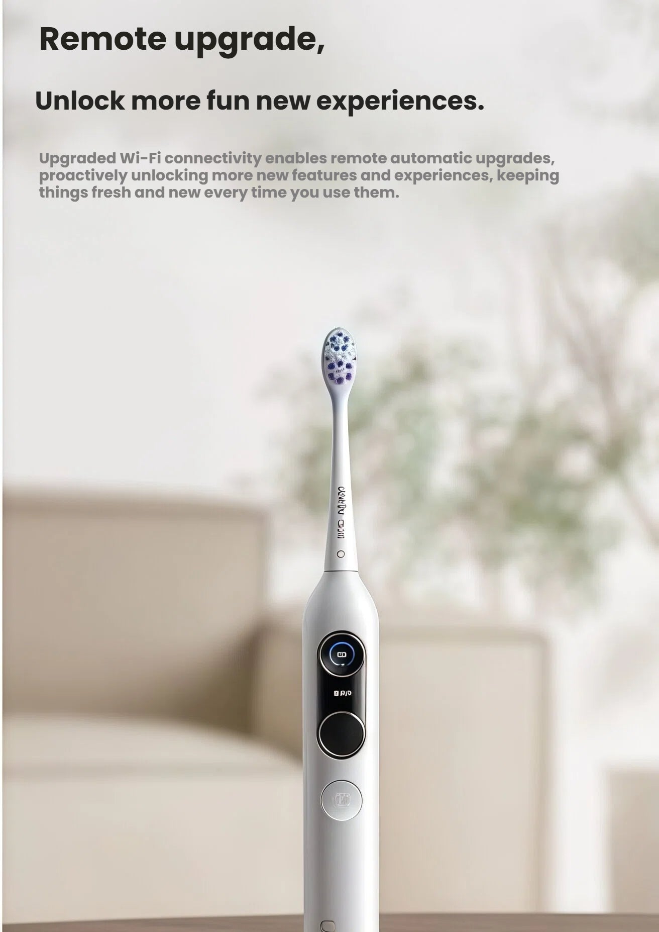 The usmile Y20 PRO smart toothbrush showcasing its Wi-Fi connectivity, which enables automatic remote software upgrades to unlock new features and enhance the brushing experience.
